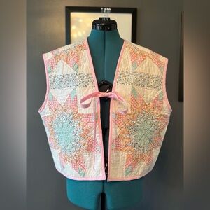 Tie-front quilted vest, vintage patchwork quilt, lone star design, ladies' M-XL